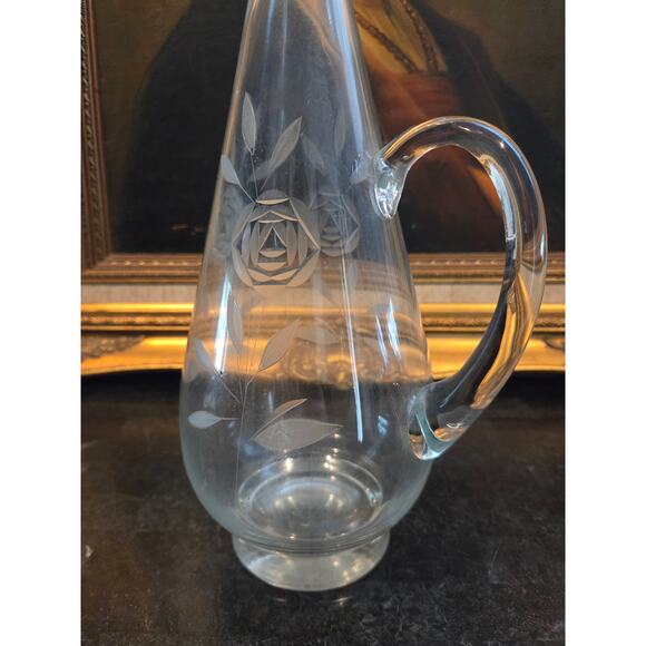 Vintage 1950s Romanian Etched Glass Decanter 17" w/ Stopper Floral Design - Picture 4 of 9